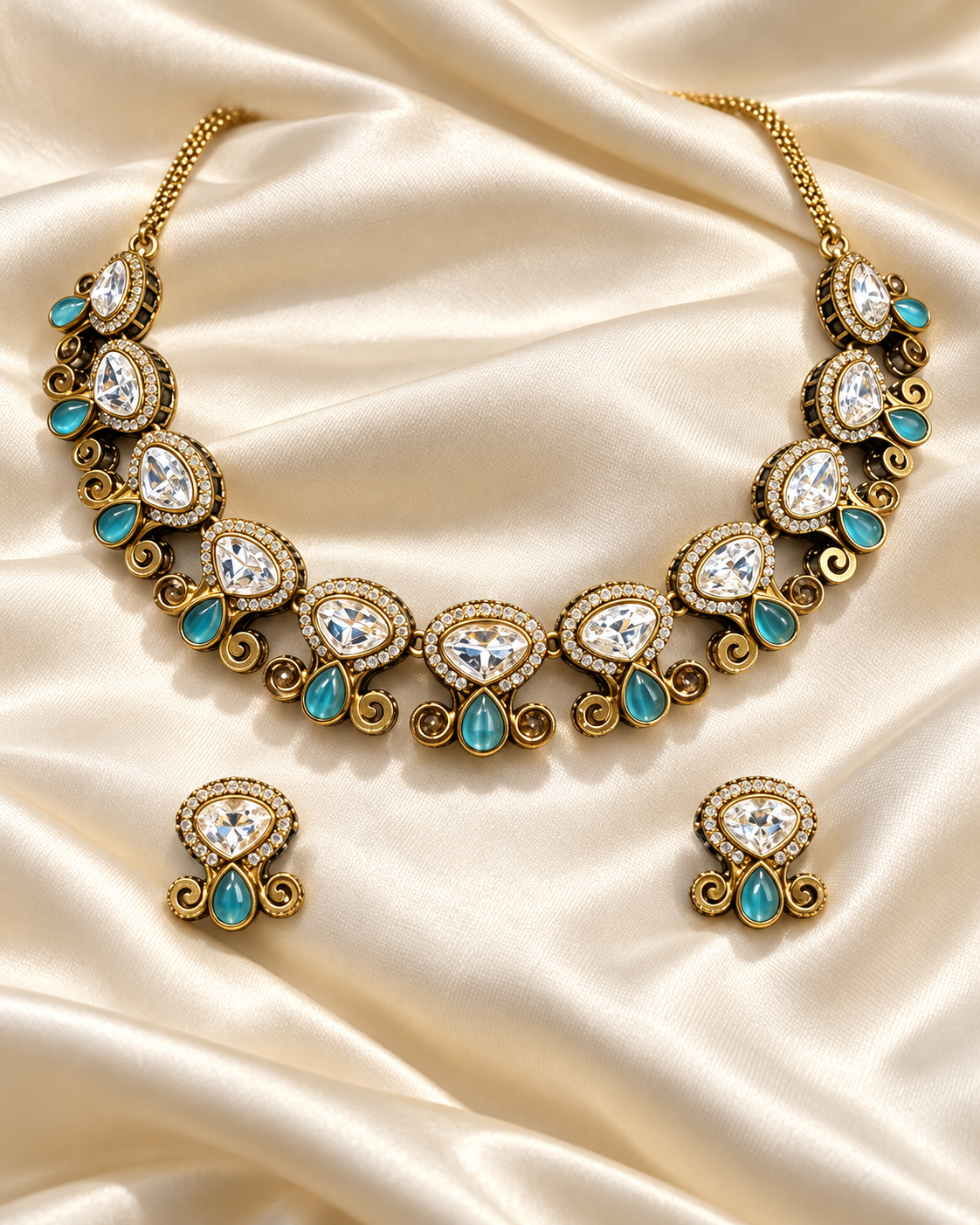 Polki-Style Clear Oval Green Accent Collar Necklace Set — AI-styled studio view; illustrative scale, compare original photograph