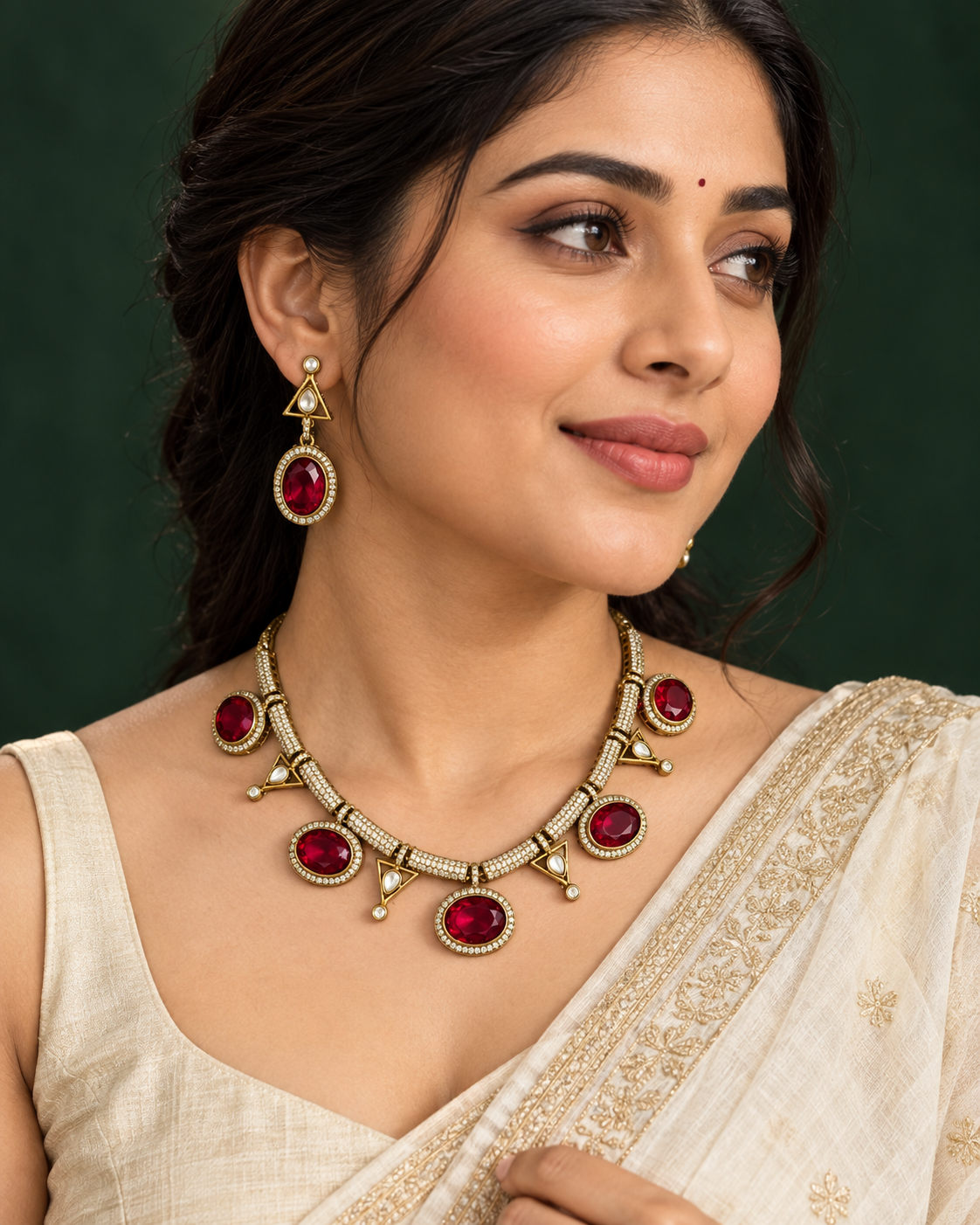 Polki-Style Red Oval Crescent Necklace Set — AI-styled wearing view; illustrative scale, compare original photograph