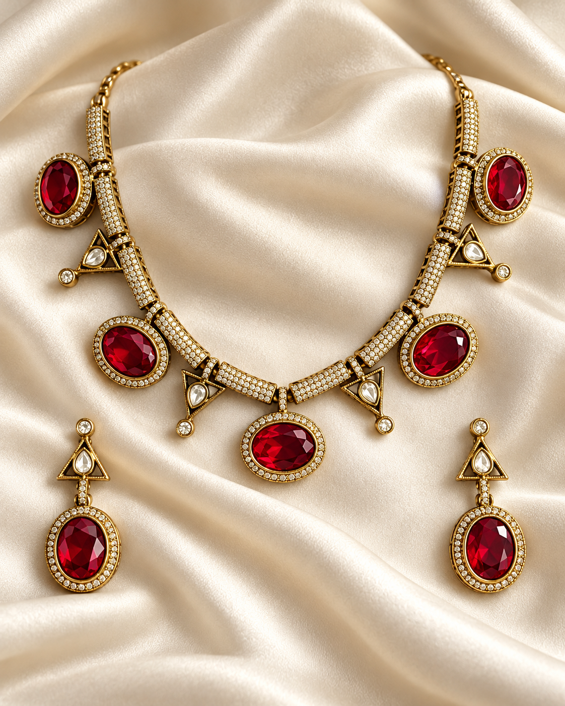 Polki-Style Red Oval Crescent Necklace Set — AI-styled studio view; illustrative scale, compare original photograph