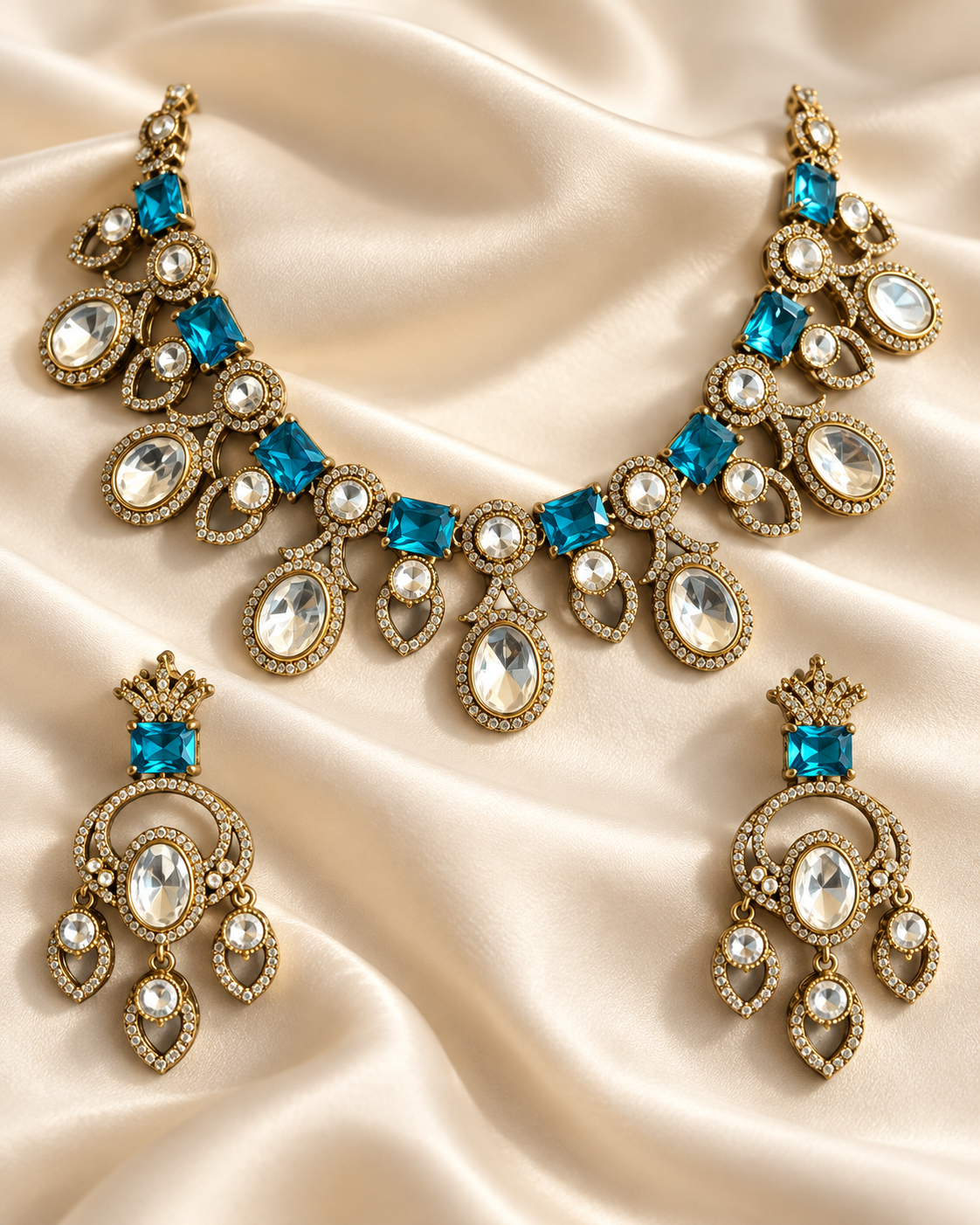 Polki-Style Teal Bead Clear Drop Necklace Set — AI-styled studio view; illustrative scale, compare original photograph