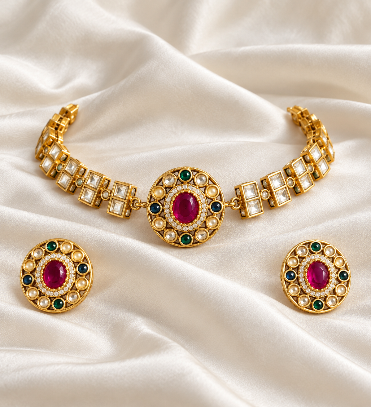 Polki-Style Pink Oval Floral Choker Necklace Set — AI-styled studio view; illustrative scale, compare original photograph