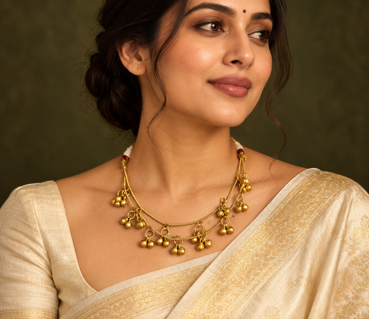 Polki-Style Gold-Tone Bell Fringe Necklace — AI-styled wearing view; illustrative scale, compare original photograph