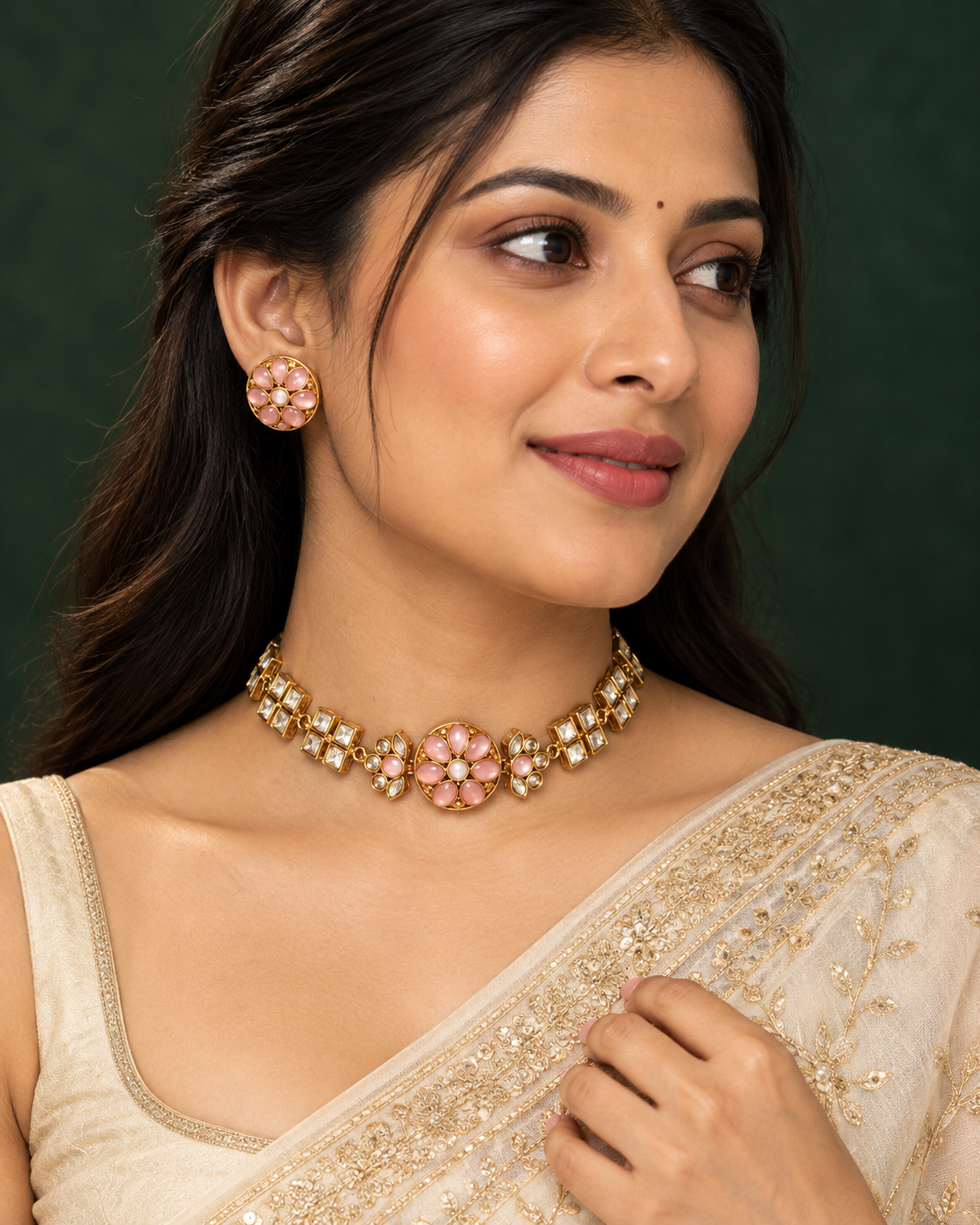 Polki-Style Pink Floral Choker Necklace Set — AI-styled wearing view; illustrative scale, compare original photograph