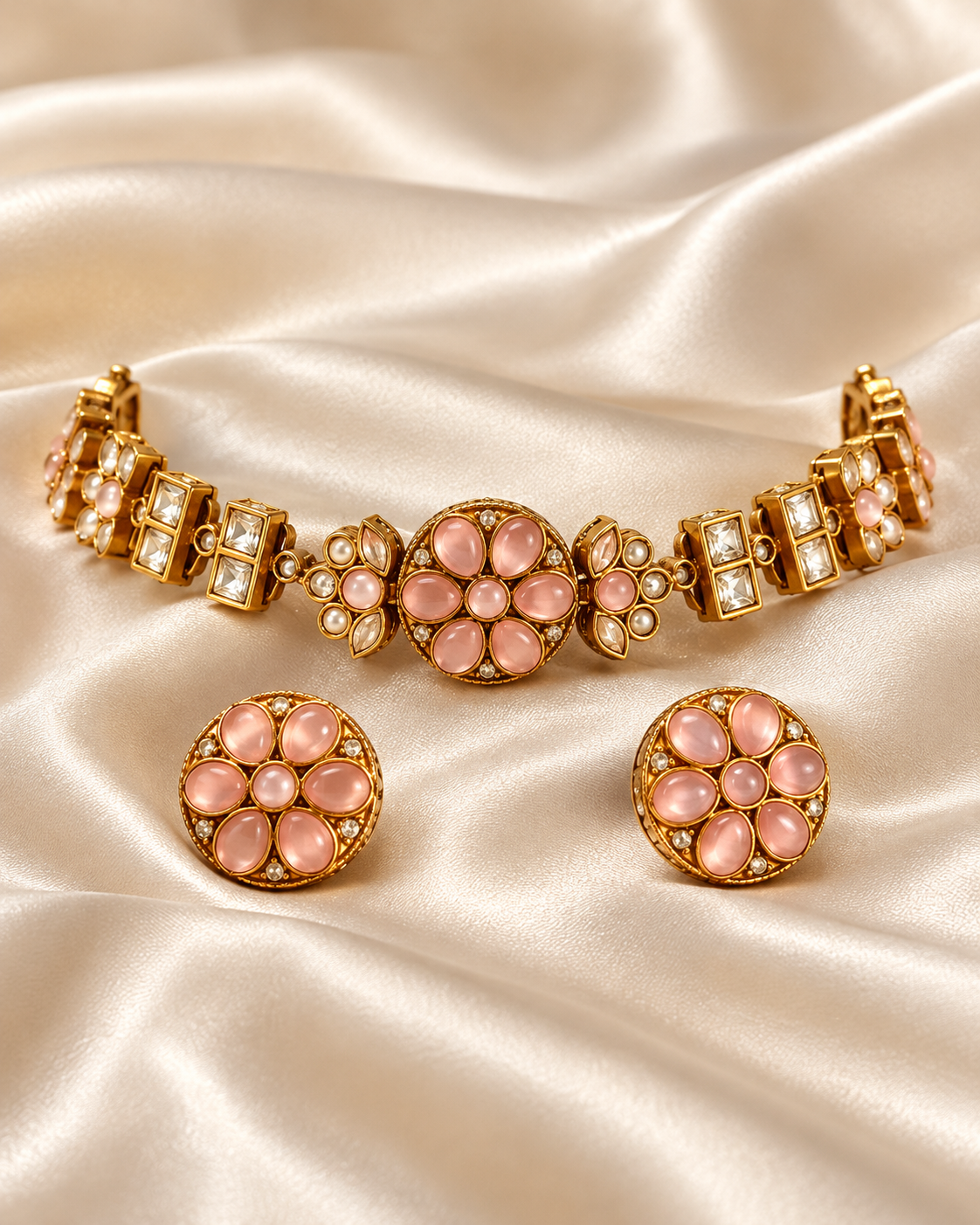 Polki-Style Pink Floral Choker Necklace Set — AI-styled studio view; illustrative scale, compare original photograph