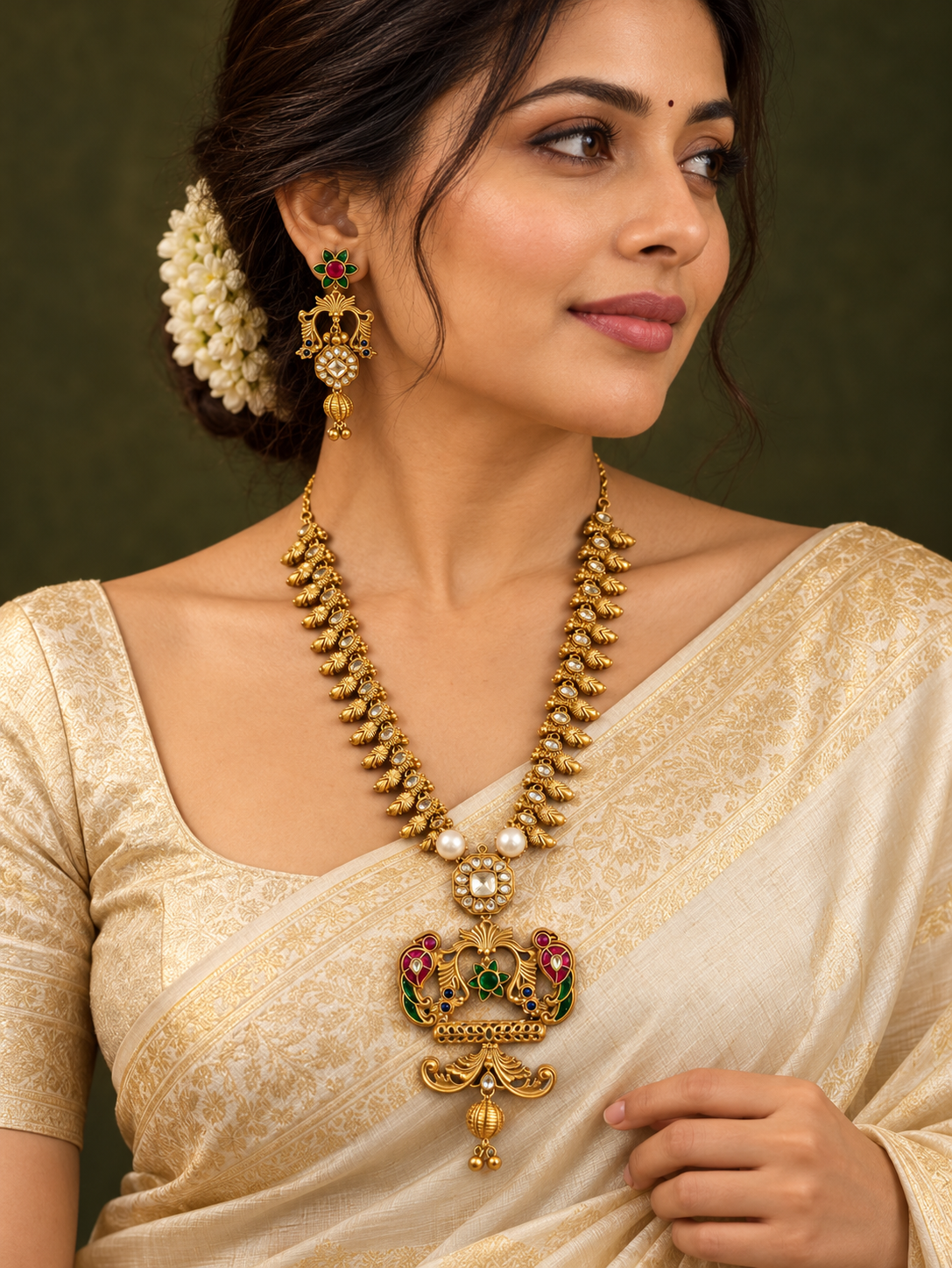 Polki-Style Temple Portrait Long Pendant Necklace Set — AI-styled wearing view; illustrative scale, compare original photograph