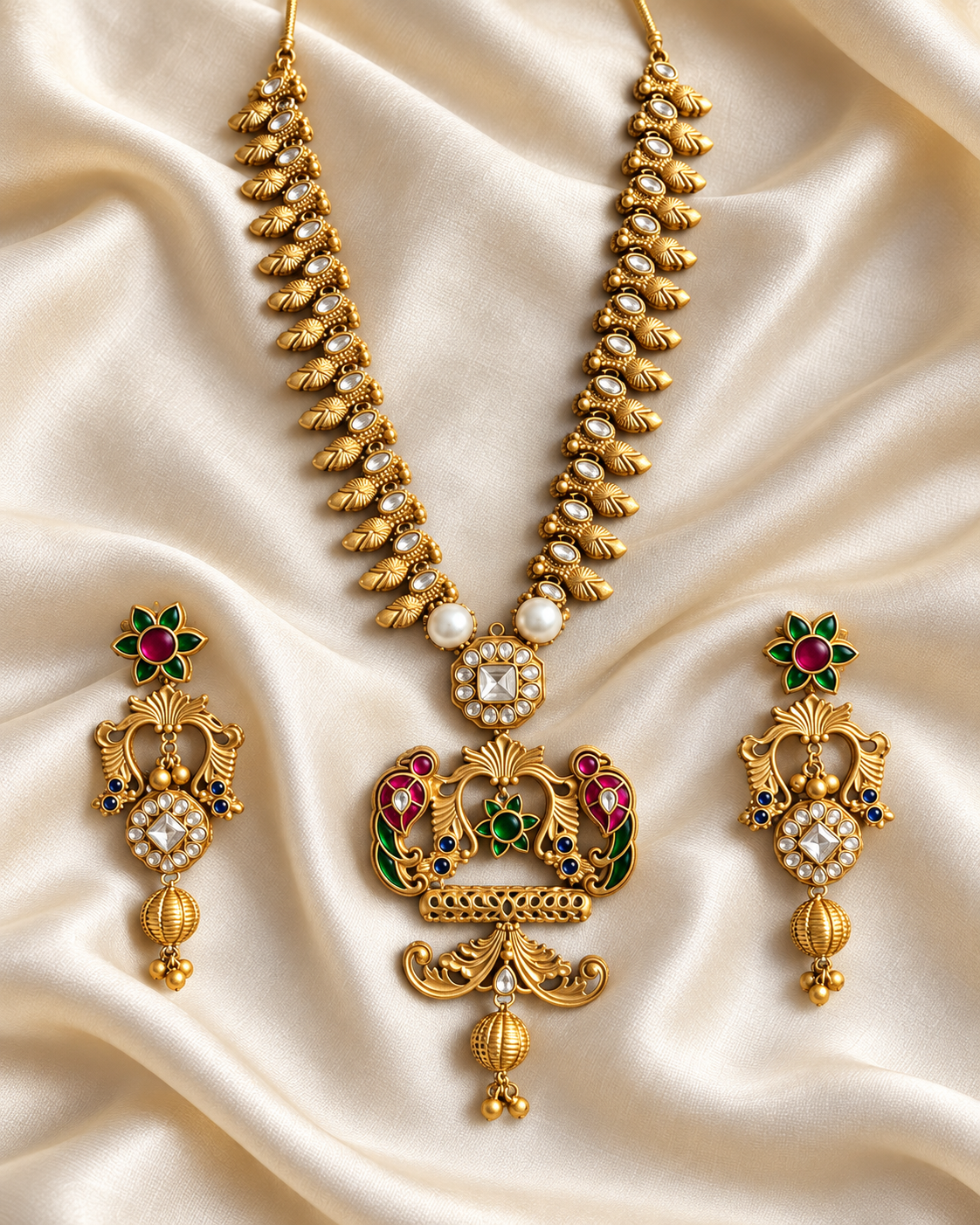 Polki-Style Temple Portrait Long Pendant Necklace Set — AI-styled studio view; illustrative scale, compare original photograph