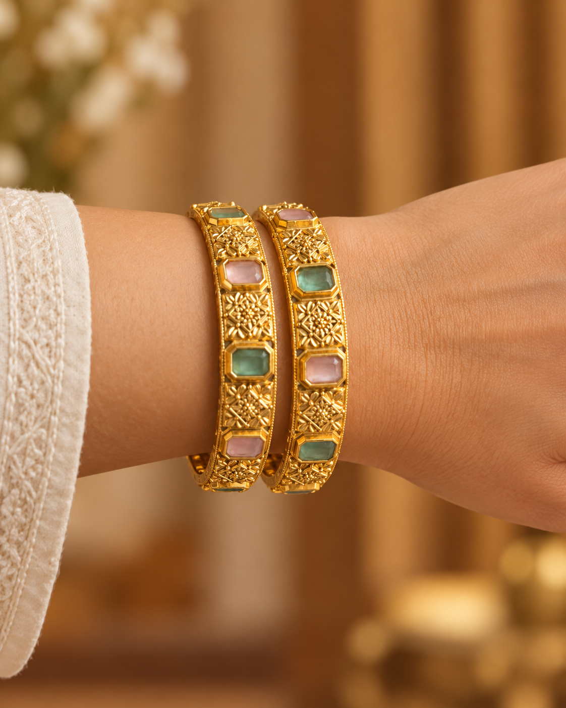 Kundan Pastel Rectangle Floral Bangle Set — AI-styled wearing view; illustrative scale, compare original photograph