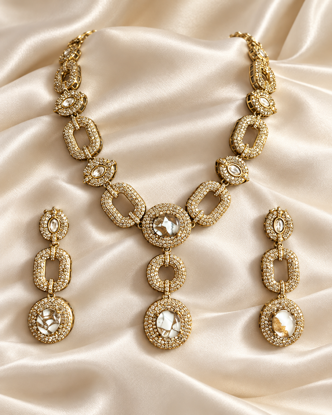 Polki-Style Clear Oval Y Drop Necklace Set — AI-styled studio view; illustrative scale, compare original photograph