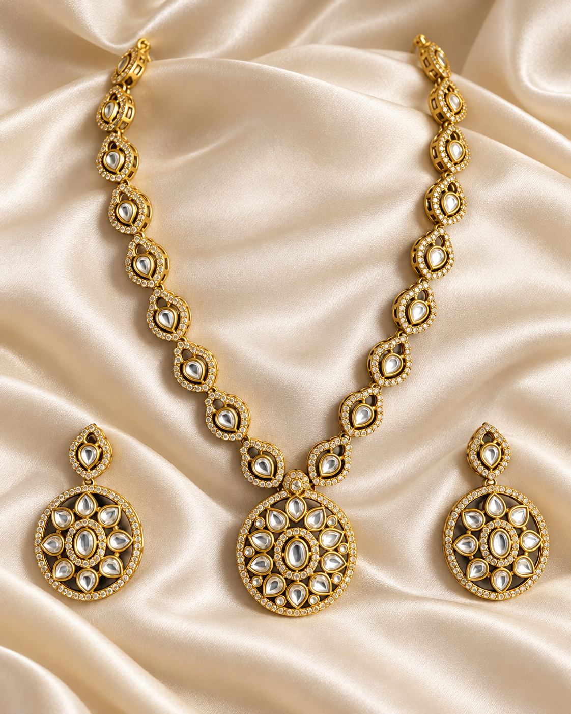 Polki-Style Round Floral Station Necklace Set — AI-styled studio view; illustrative scale, compare original photograph