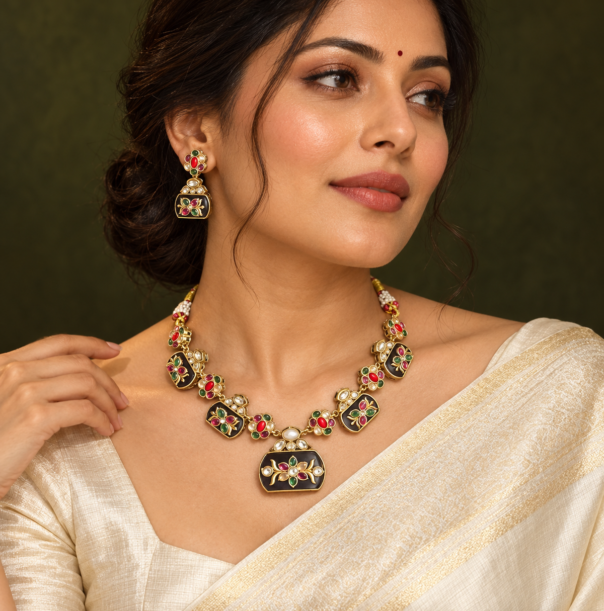 Polki-Style Red & Green Barrel Motif Necklace Set — AI-styled wearing view; illustrative scale, compare original photograph