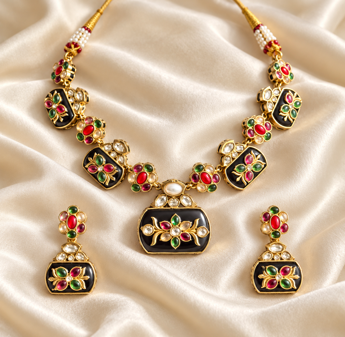 Polki-Style Red & Green Barrel Motif Necklace Set — AI-styled studio view; illustrative scale, compare original photograph