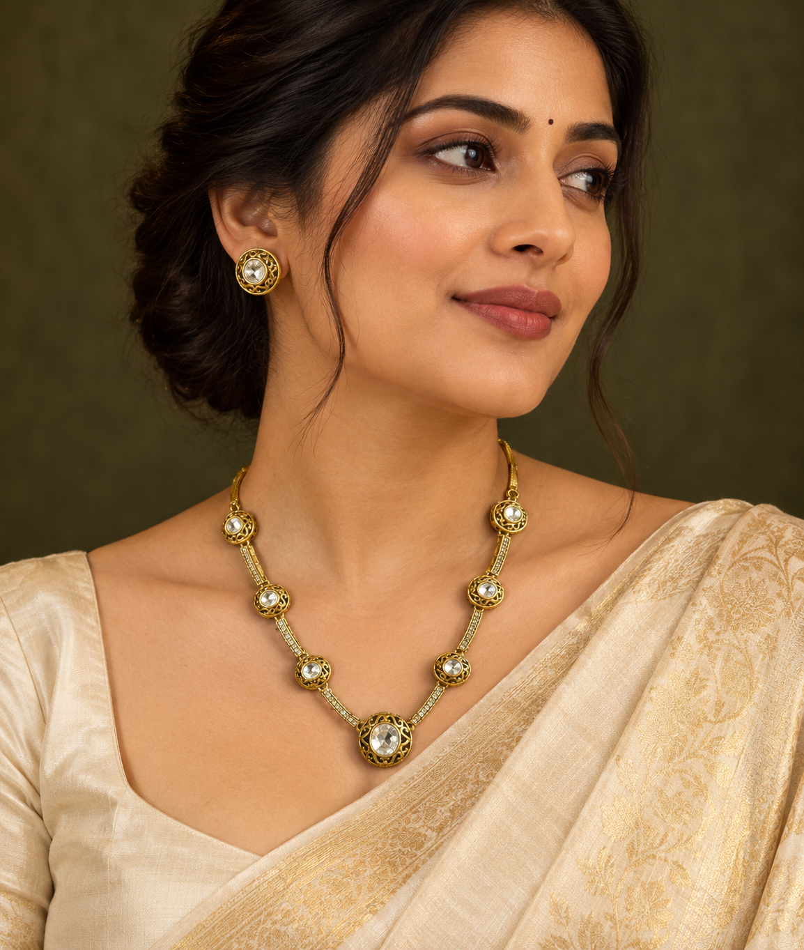 Polki-Style Minimal Round Station Necklace Set — AI-styled wearing view; illustrative scale, compare original photograph