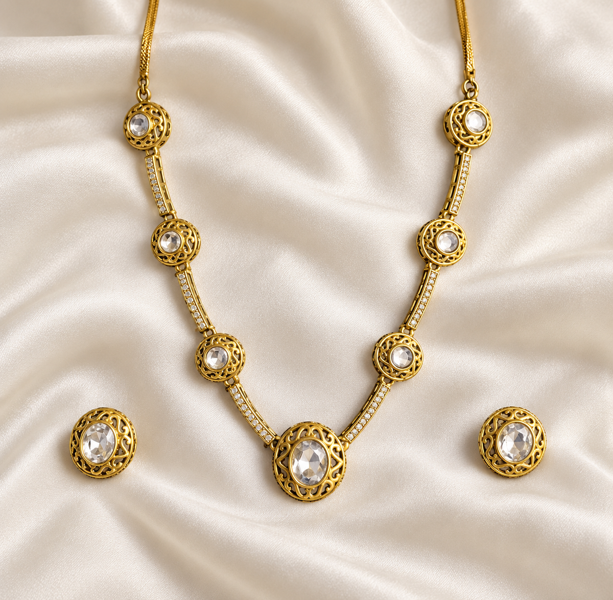 Polki-Style Minimal Round Station Necklace Set — AI-styled studio view; illustrative scale, compare original photograph