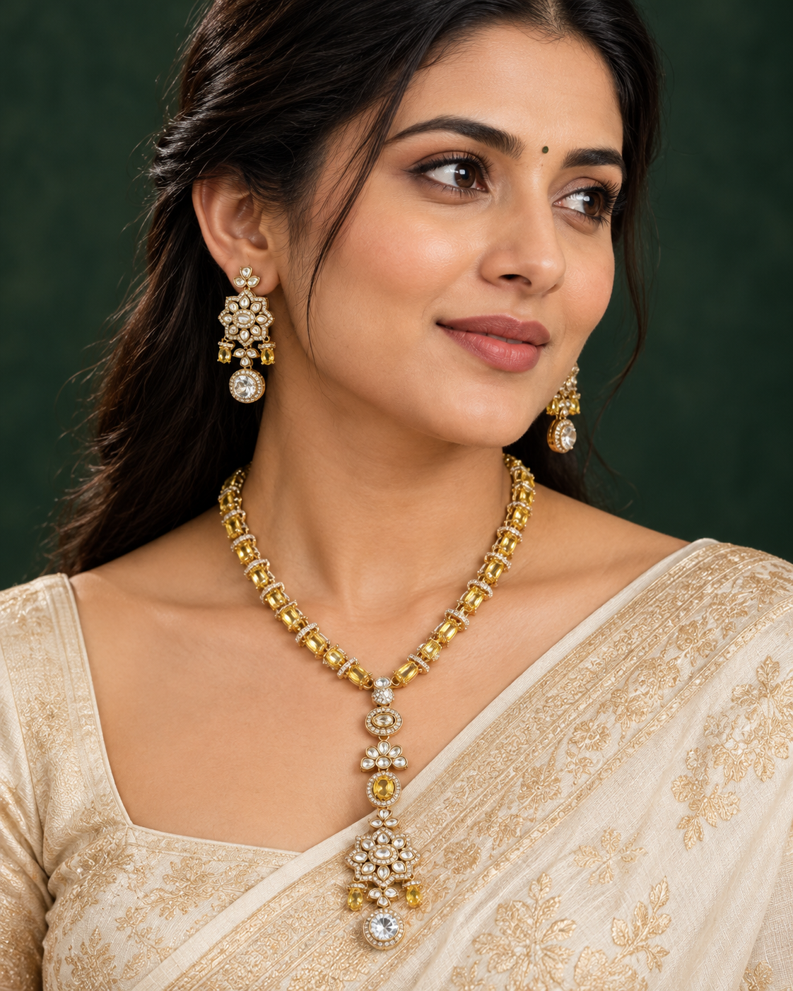 Polki-Style Gold-Tone Fine Drop Necklace Set — AI-styled wearing view; illustrative scale, compare original photograph