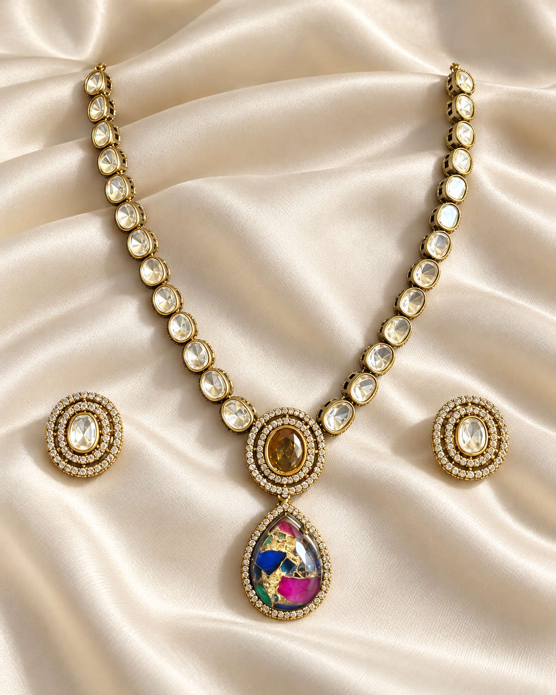 Polki-Style Multicolour Teardrop Pendant Necklace Set — AI-styled studio view; illustrative scale, compare original photograph