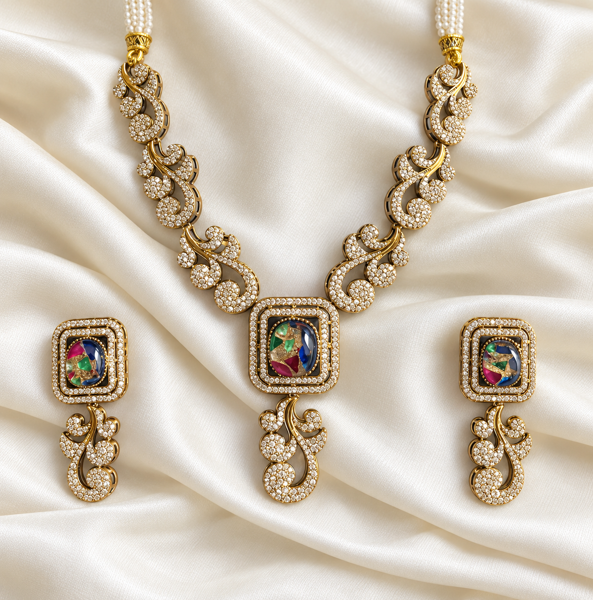 Polki-Style Square Pink Tassel Necklace Set — AI-styled studio view; illustrative scale, compare original photograph
