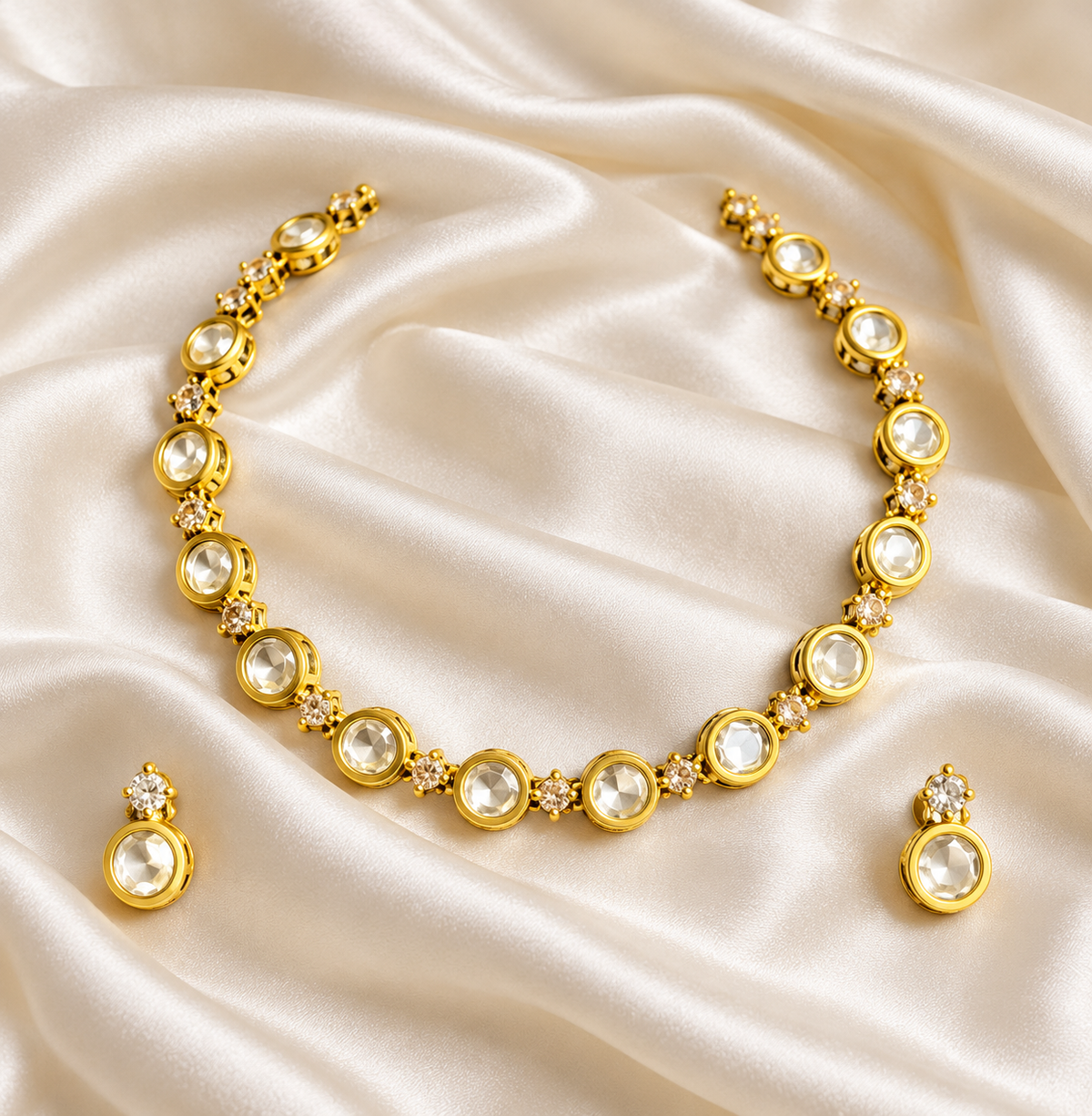 Polki-Style Gold-Tone Round Line Necklace Set — AI-styled studio view; illustrative scale, compare original photograph