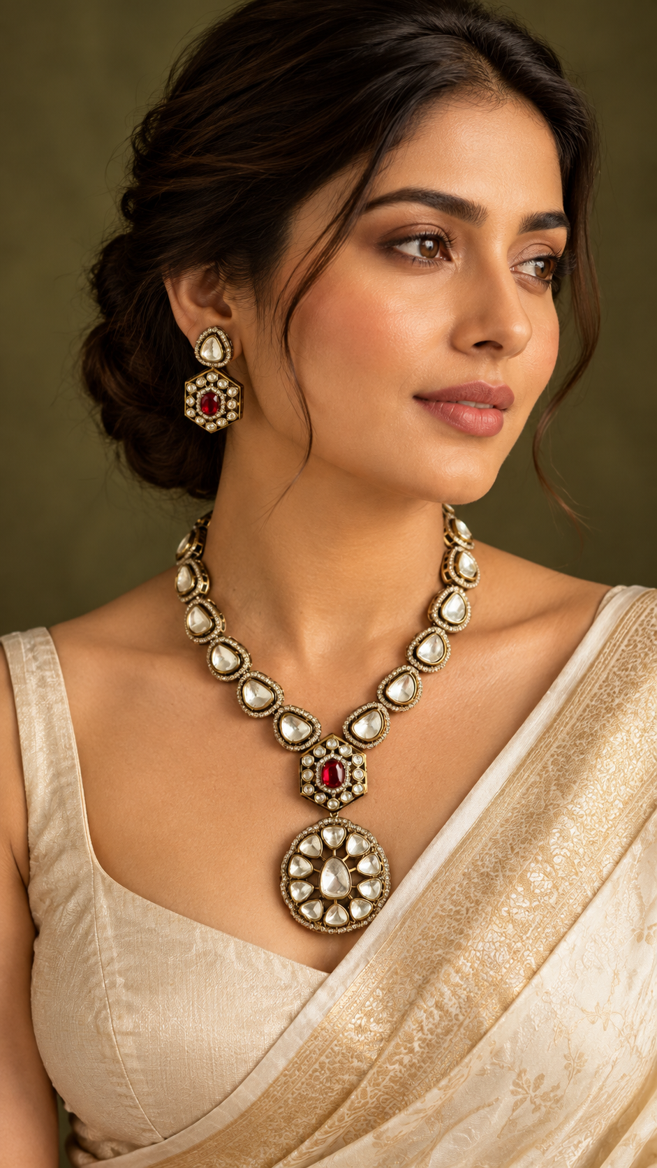 Polki-Style Clear Round Red Medallion Necklace Set — AI-styled wearing view; illustrative scale, compare original photograph