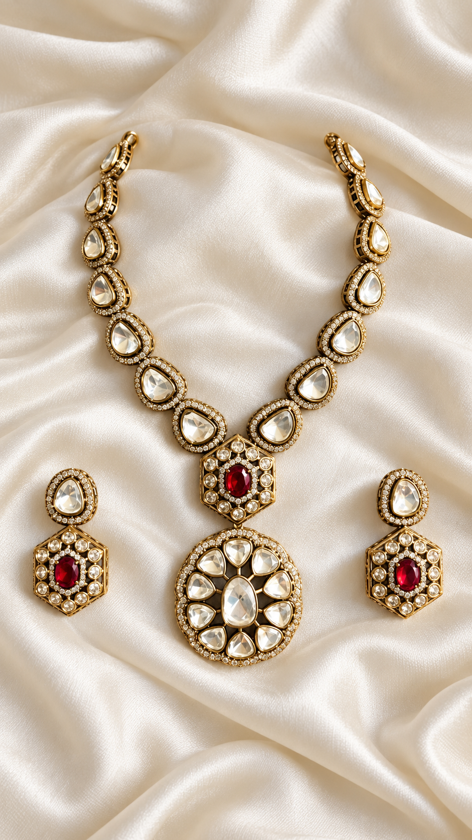 Polki-Style Clear Round Red Medallion Necklace Set — AI-styled studio view; illustrative scale, compare original photograph