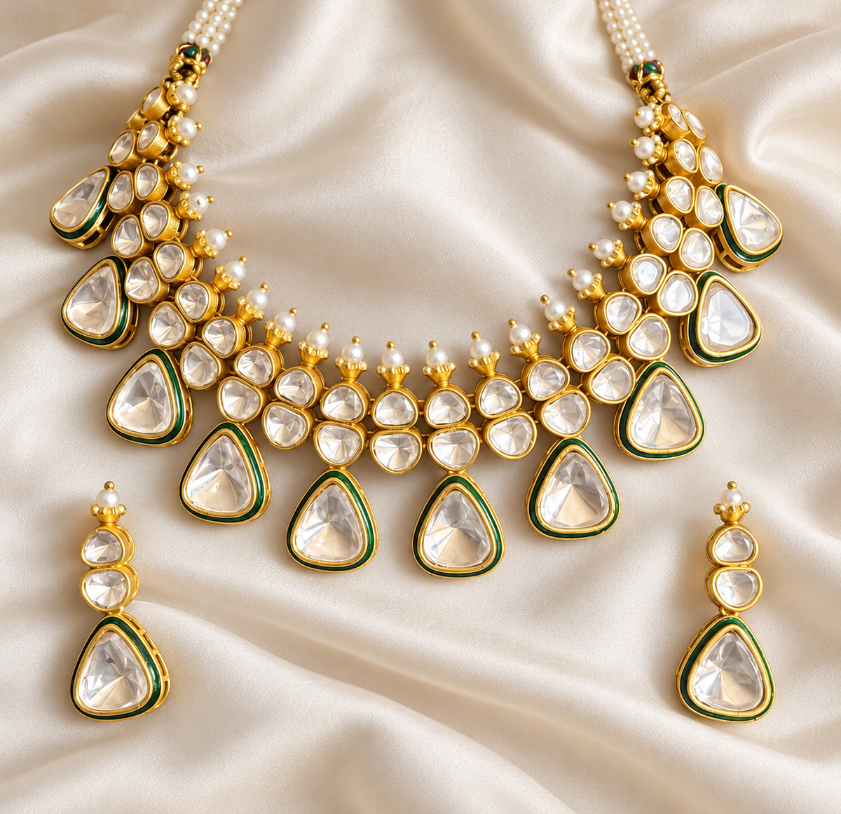 Polki-Style Clear Teardrop Fringe Necklace Set — AI-styled studio view; illustrative scale, compare original photograph