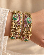 Kundan Heritage Green Medallion Bangle Set — AI-styled wearing view; illustrative scale, compare original photograph