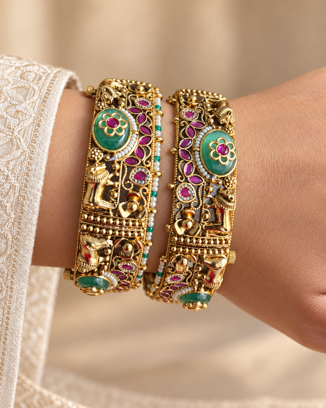 Kundan Heritage Green Medallion Bangle Set — AI-styled wearing view; illustrative scale, compare original photograph