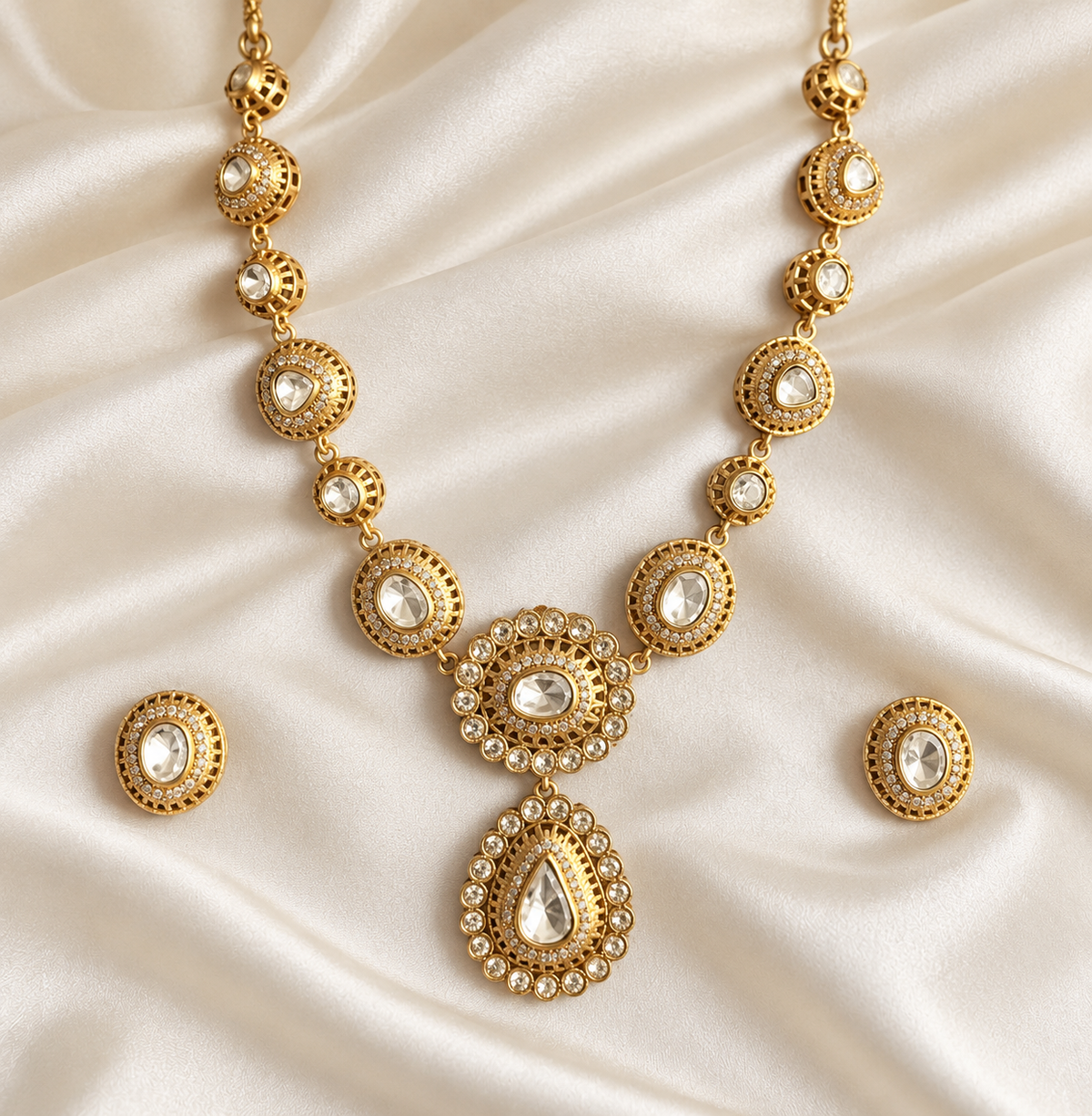 Polki-Style Ornate Clear Oval Drop Necklace Set — AI-styled studio view; illustrative scale, compare original photograph