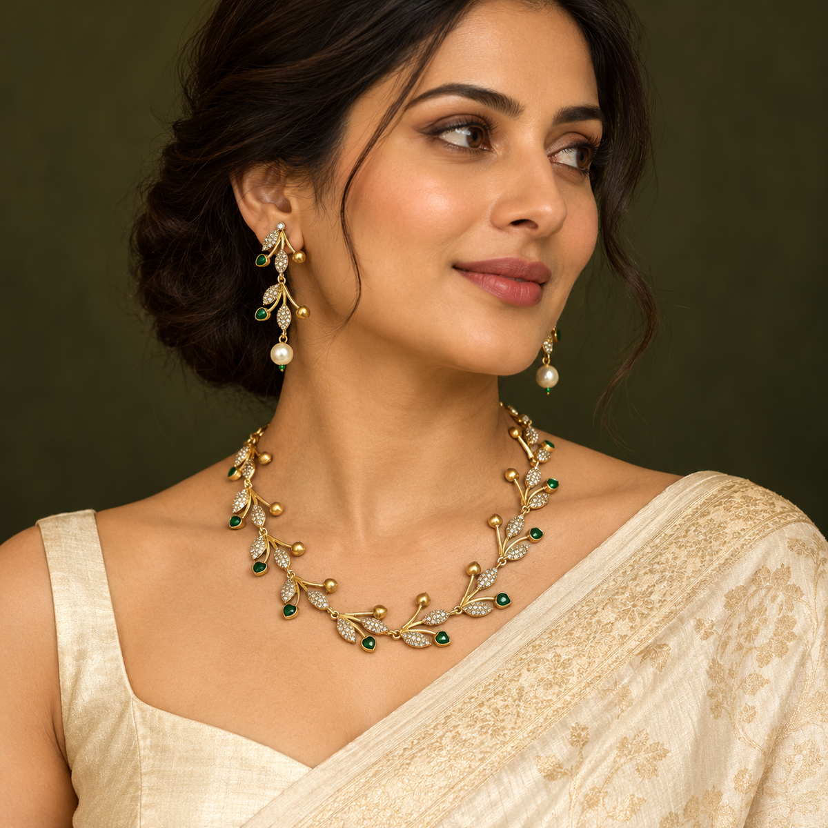 Polki-Style Green Bird Motif Necklace Set — AI-styled wearing view; illustrative scale, compare original photograph