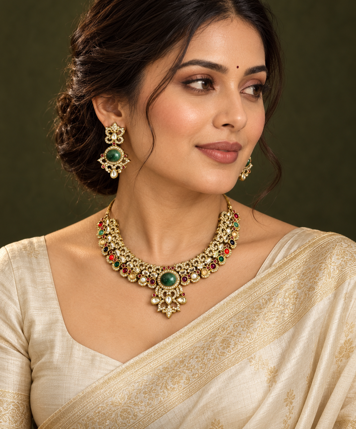 Polki-Style Green Centre Floral Collar Necklace Set — AI-styled wearing view; illustrative scale, compare original photograph