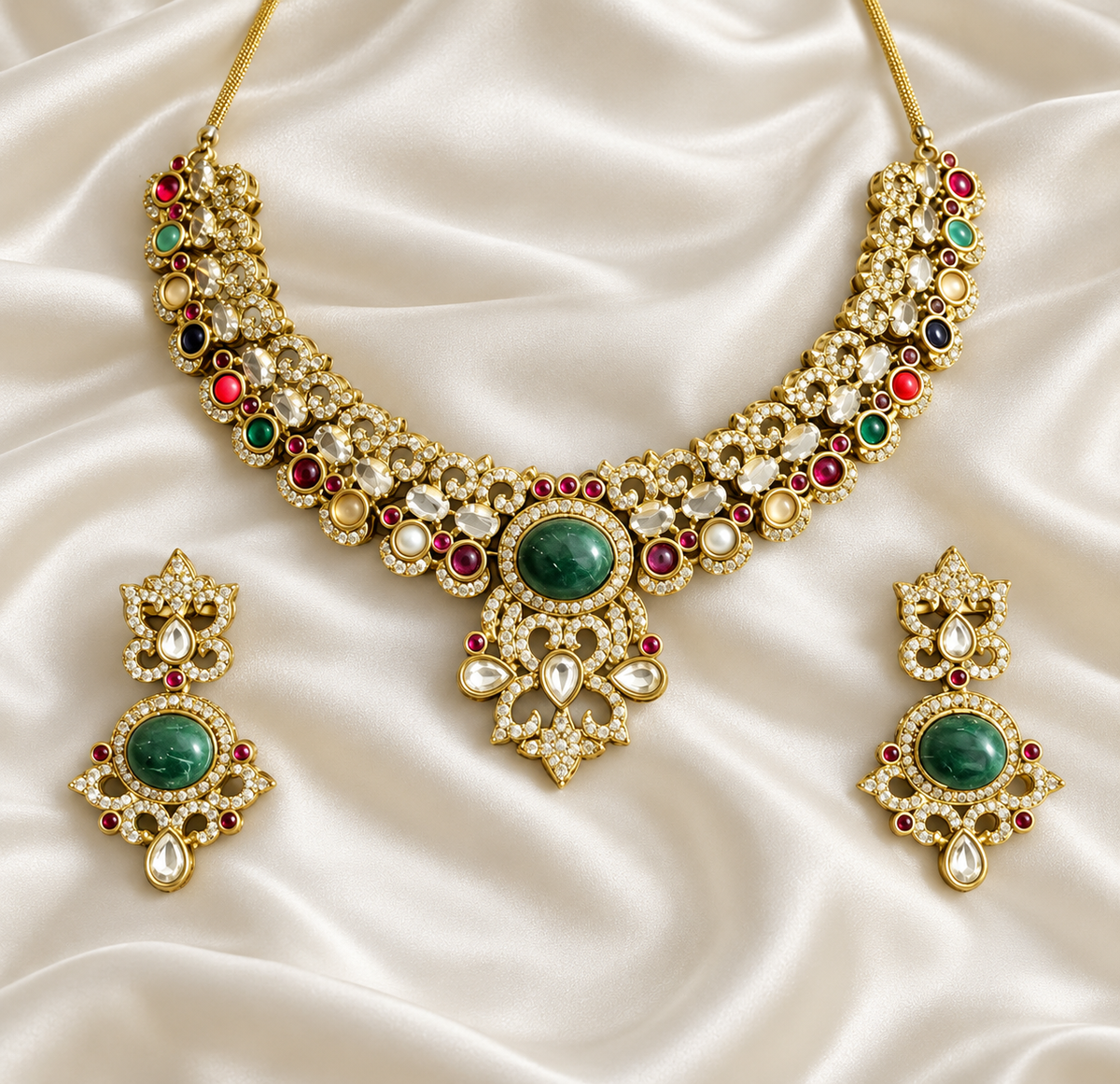 Polki-Style Green Centre Floral Collar Necklace Set — AI-styled studio view; illustrative scale, compare original photograph