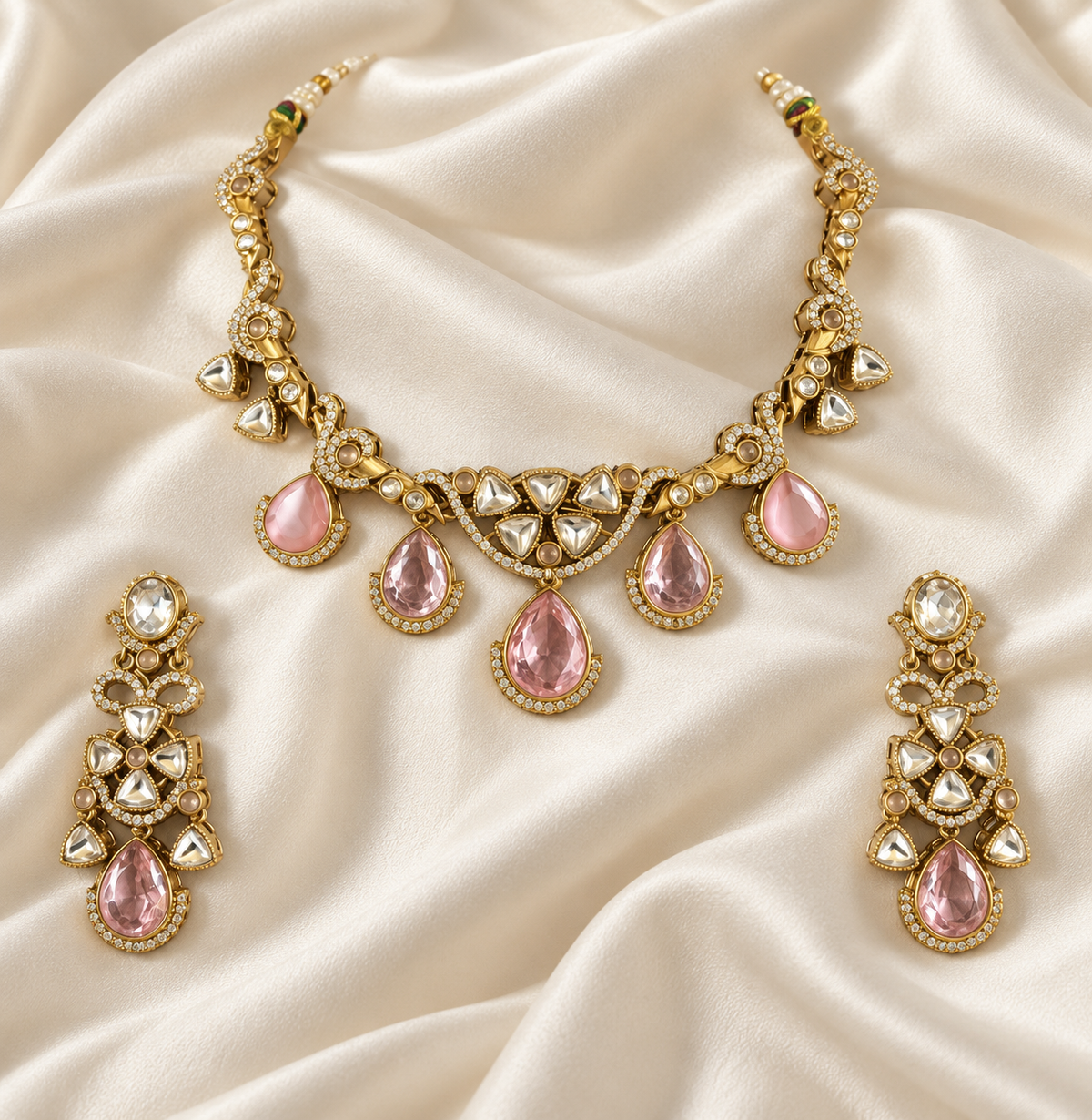 Polki-Style Pastel Pink Teardrop Fringe Necklace Set — AI-styled studio view; illustrative scale, compare original photograph