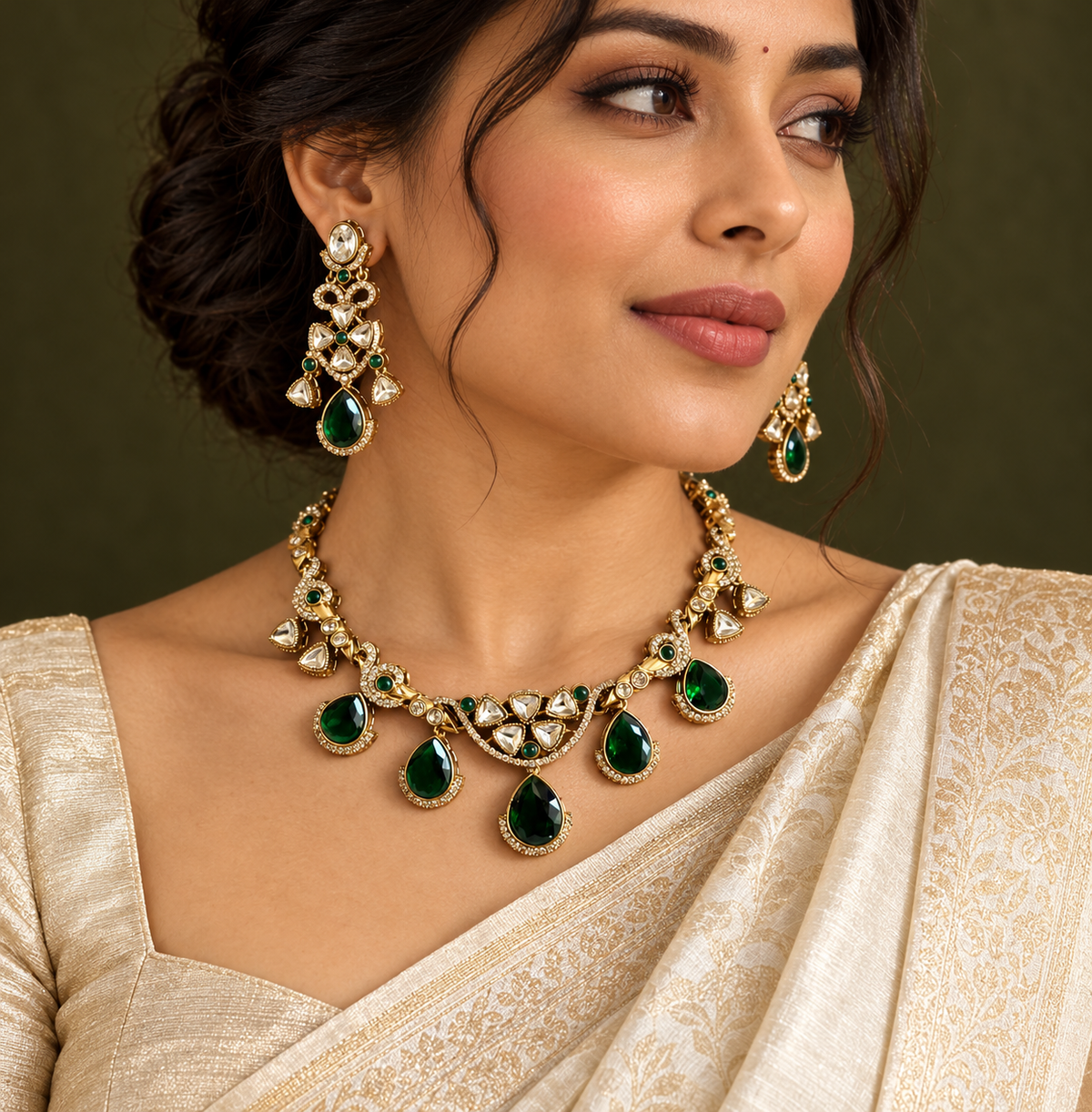 Polki-Style Green Teardrop Fringe Necklace Set — AI-styled wearing view; illustrative scale, compare original photograph