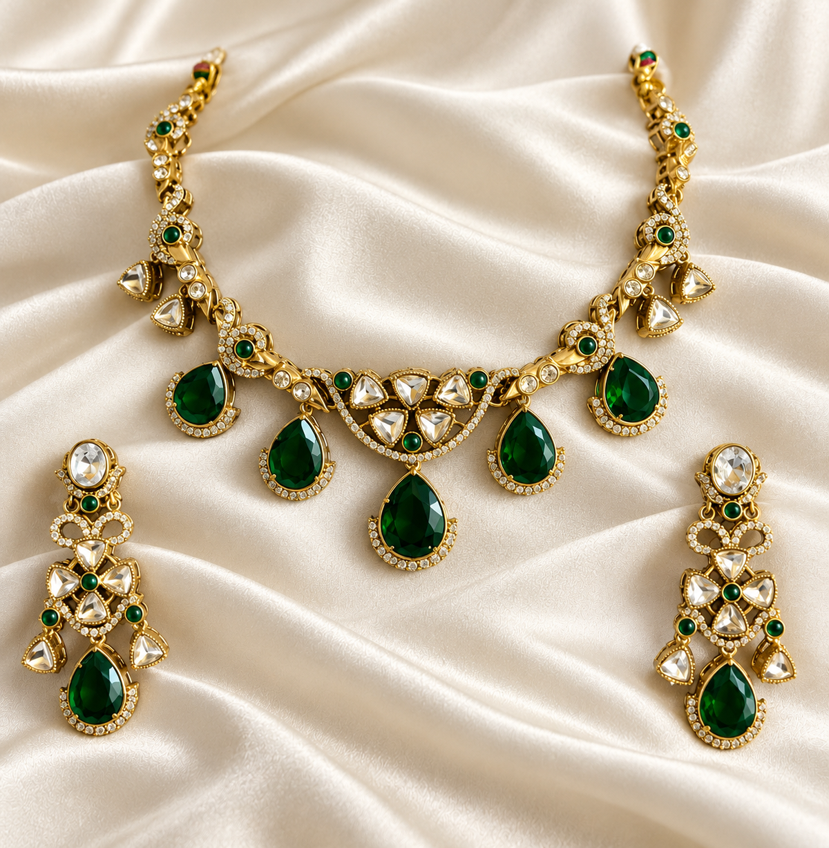 Polki-Style Green Teardrop Fringe Necklace Set — AI-styled studio view; illustrative scale, compare original photograph