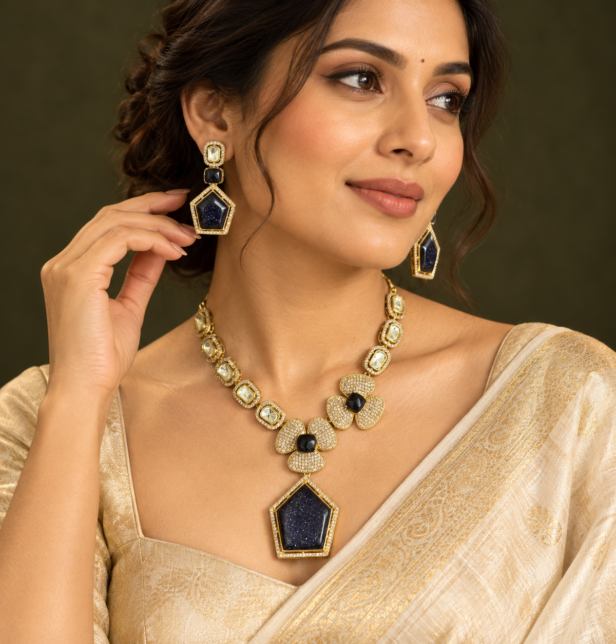 Polki-Style Navy Geometric Pendant Necklace Set — AI-styled wearing view; illustrative scale, compare original photograph