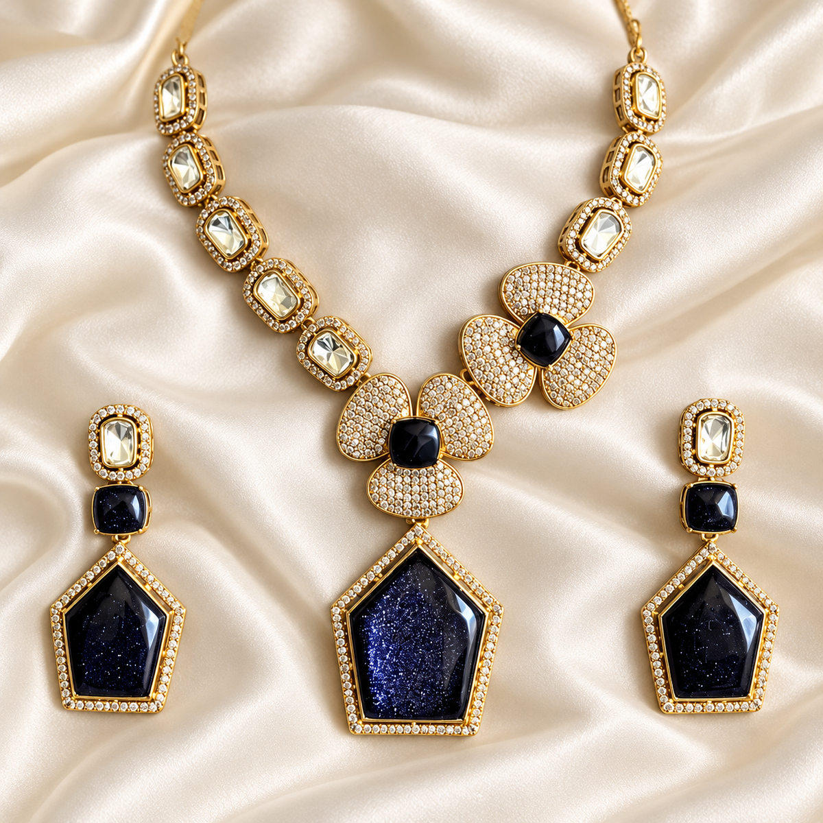 Polki-Style Navy Geometric Pendant Necklace Set — AI-styled studio view; illustrative scale, compare original photograph
