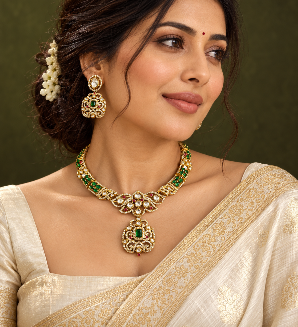 Polki-Style Green Floral Pendant Necklace Set — AI-styled wearing view; illustrative scale, compare original photograph