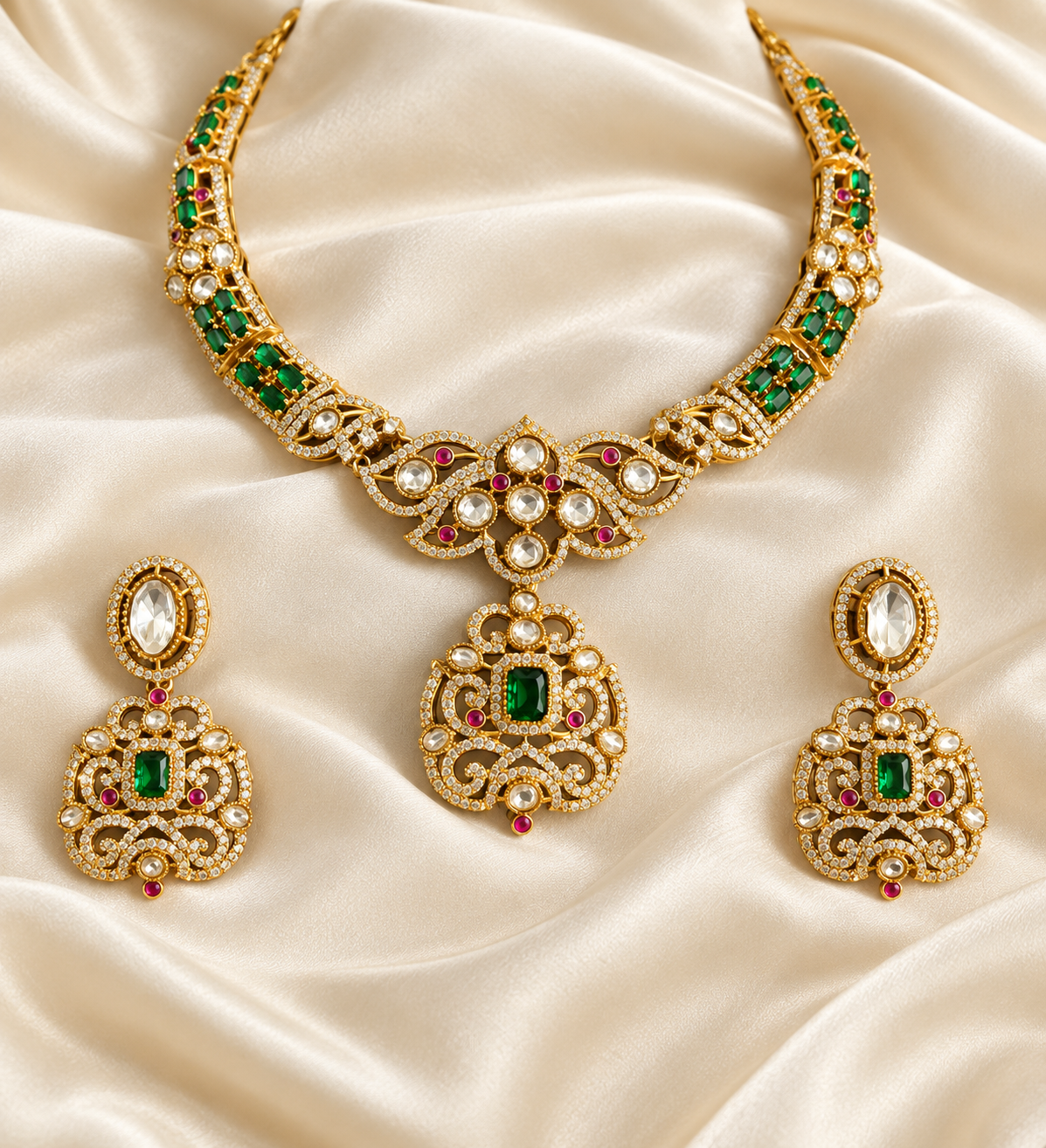 Polki-Style Green Floral Pendant Necklace Set — AI-styled studio view; illustrative scale, compare original photograph