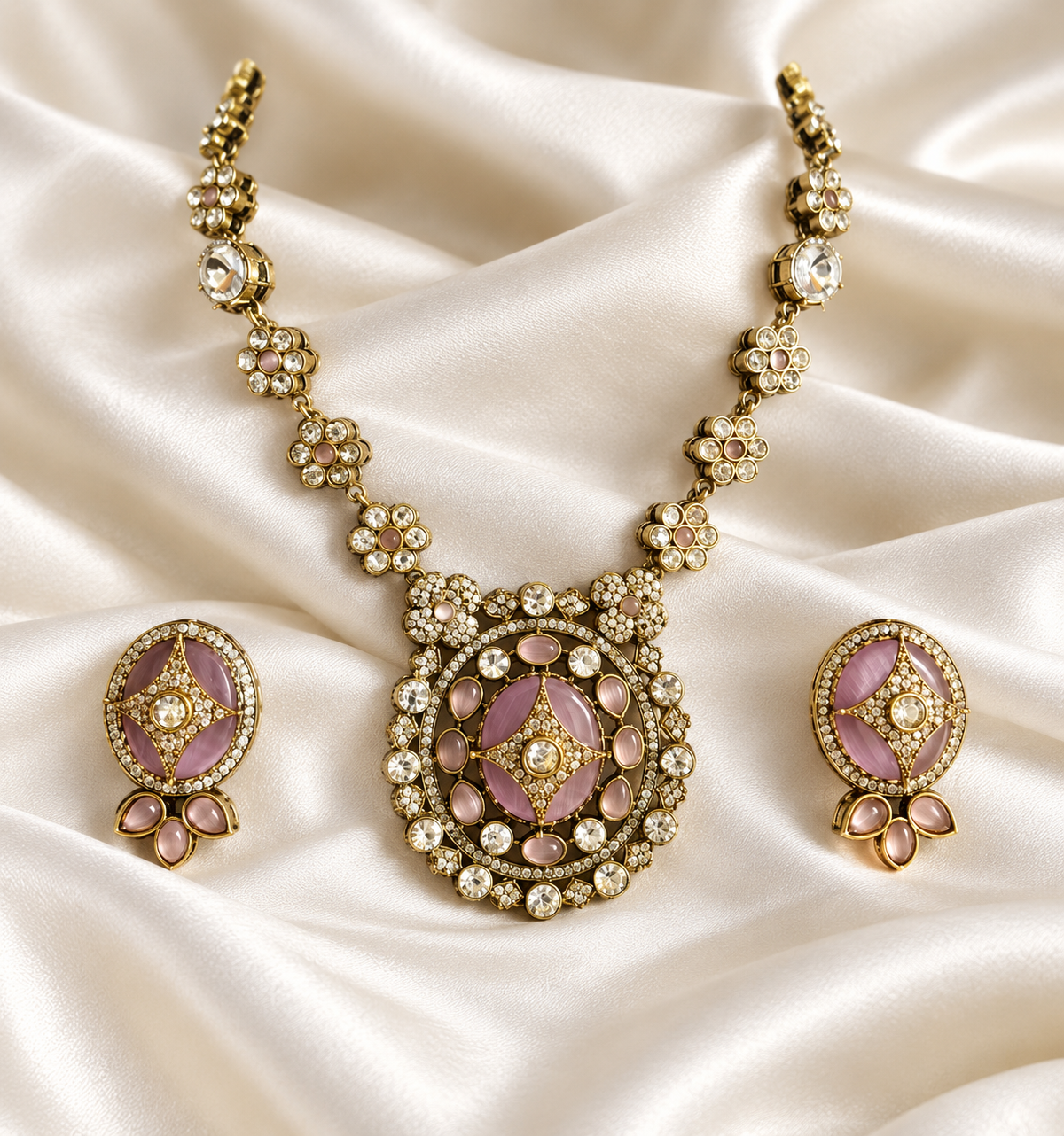 Polki-Style Pink Oval Filigree Drop Necklace Set — AI-styled studio view; illustrative scale, compare original photograph