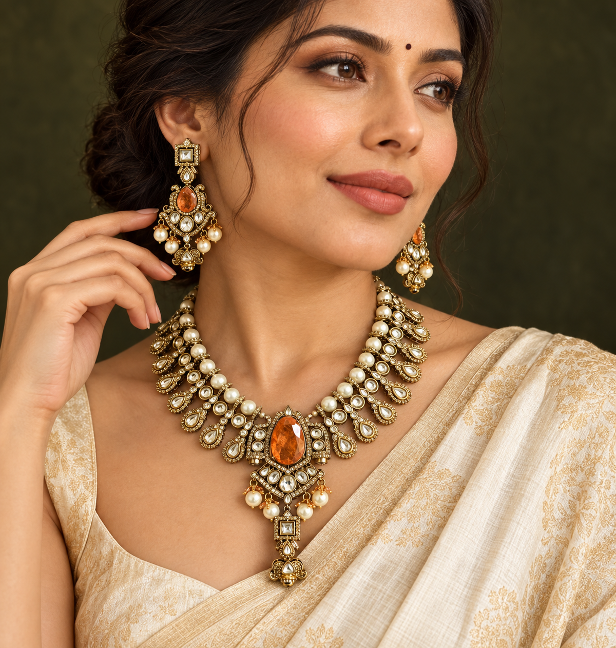 Polki-Style Amber Teardrop Statement Necklace Set — AI-styled wearing view; illustrative scale, compare original photograph