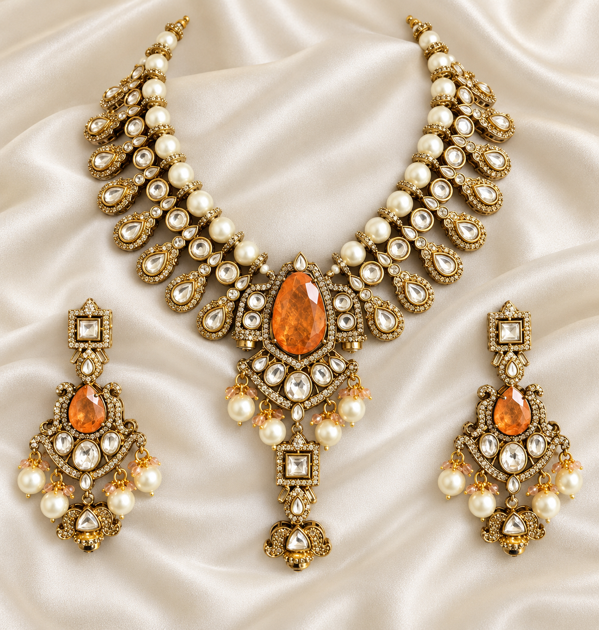 Polki-Style Amber Teardrop Statement Necklace Set — AI-styled studio view; illustrative scale, compare original photograph