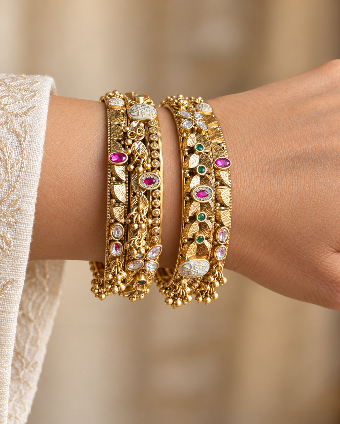 Kundan Peacock Multicolour Openwork Bangle Set — AI-styled wearing view; illustrative scale, compare original photograph