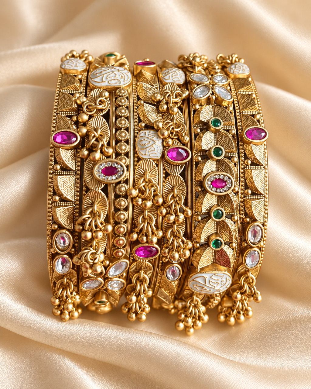 Kundan Peacock Multicolour Openwork Bangle Set — AI-styled studio view; illustrative scale, compare original photograph