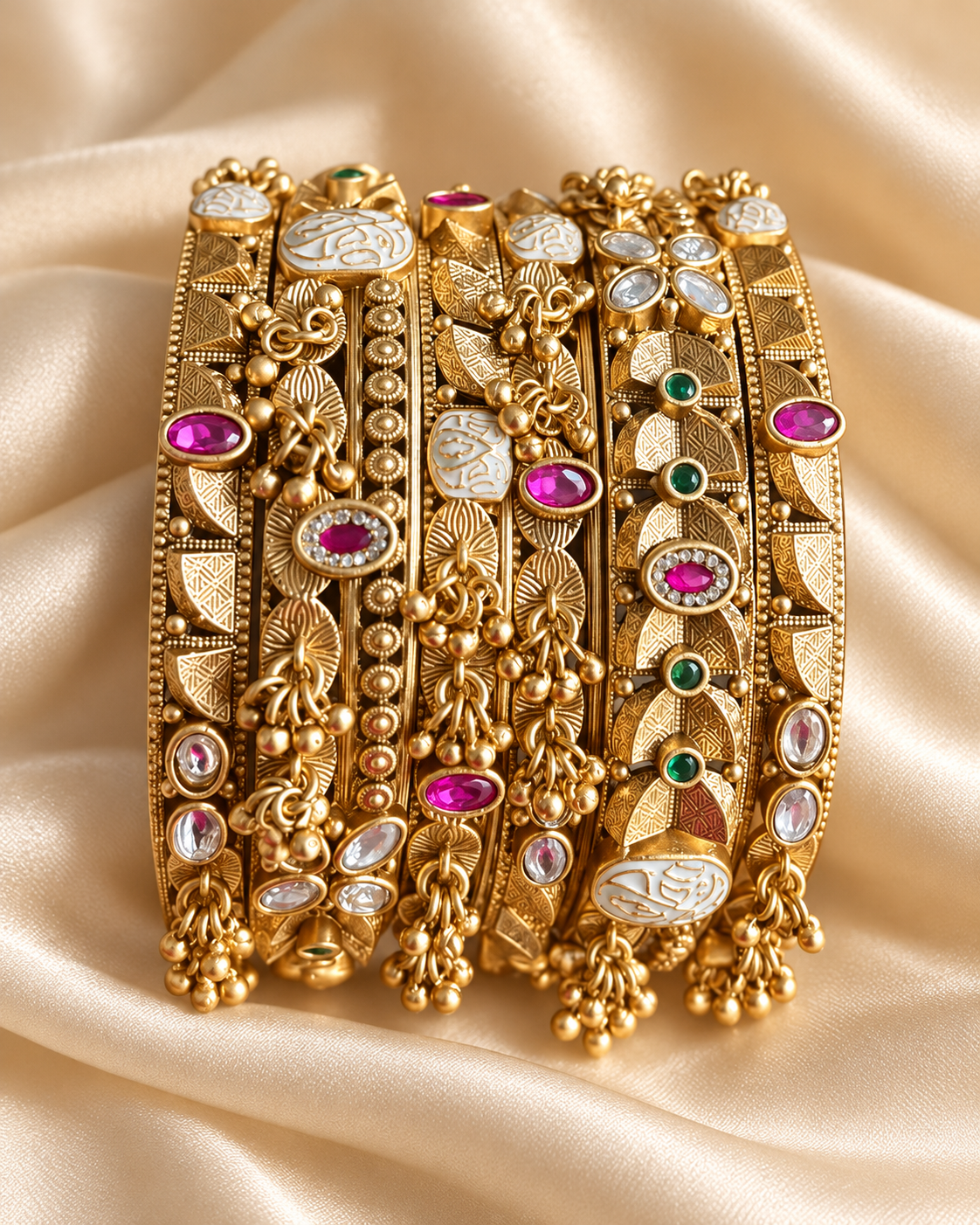 Kundan Peacock Multicolour Openwork Bangle Set — AI-styled studio view; illustrative scale, compare original photograph