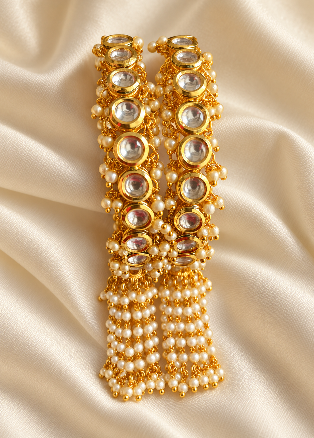 Kundan Round Stone Pearl Fringe Bangle Set — AI-styled studio view; illustrative scale, compare original photograph