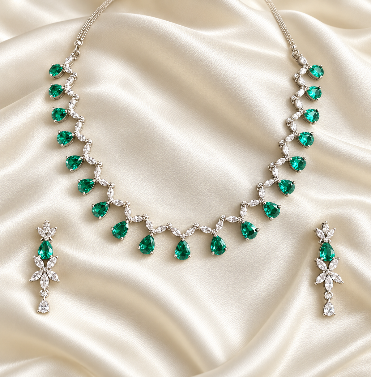 American Diamond-Style Green Teardrop Line Necklace Set — AI-styled studio view; illustrative scale, compare original photograph