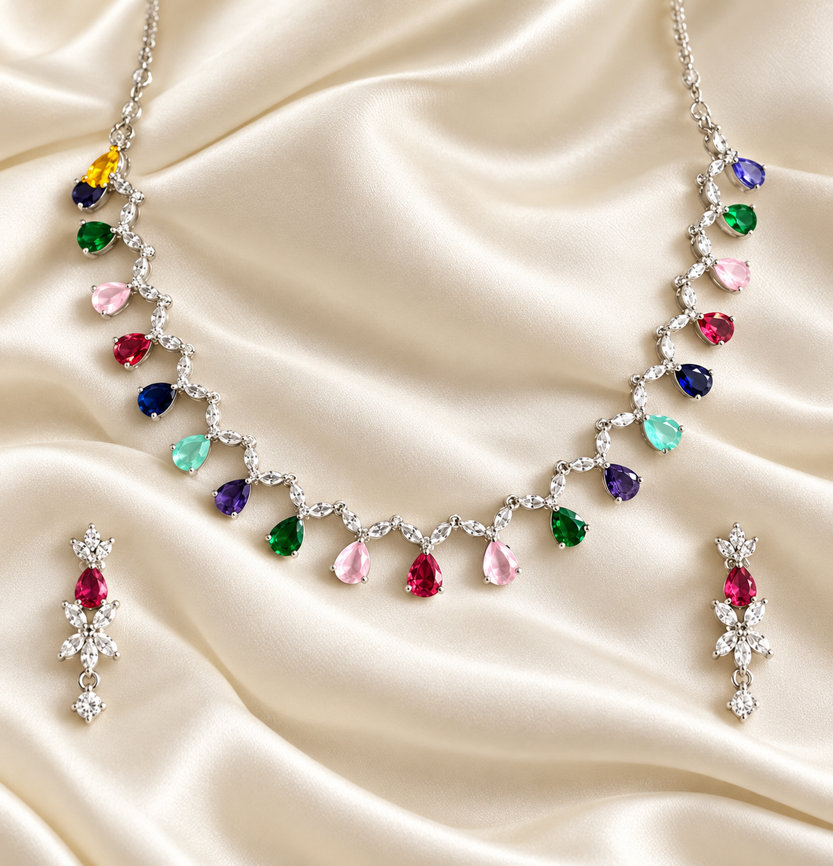 American Diamond-Style Multicolour Teardrop Line Necklace Set — AI-styled studio view; illustrative scale, compare original photograph