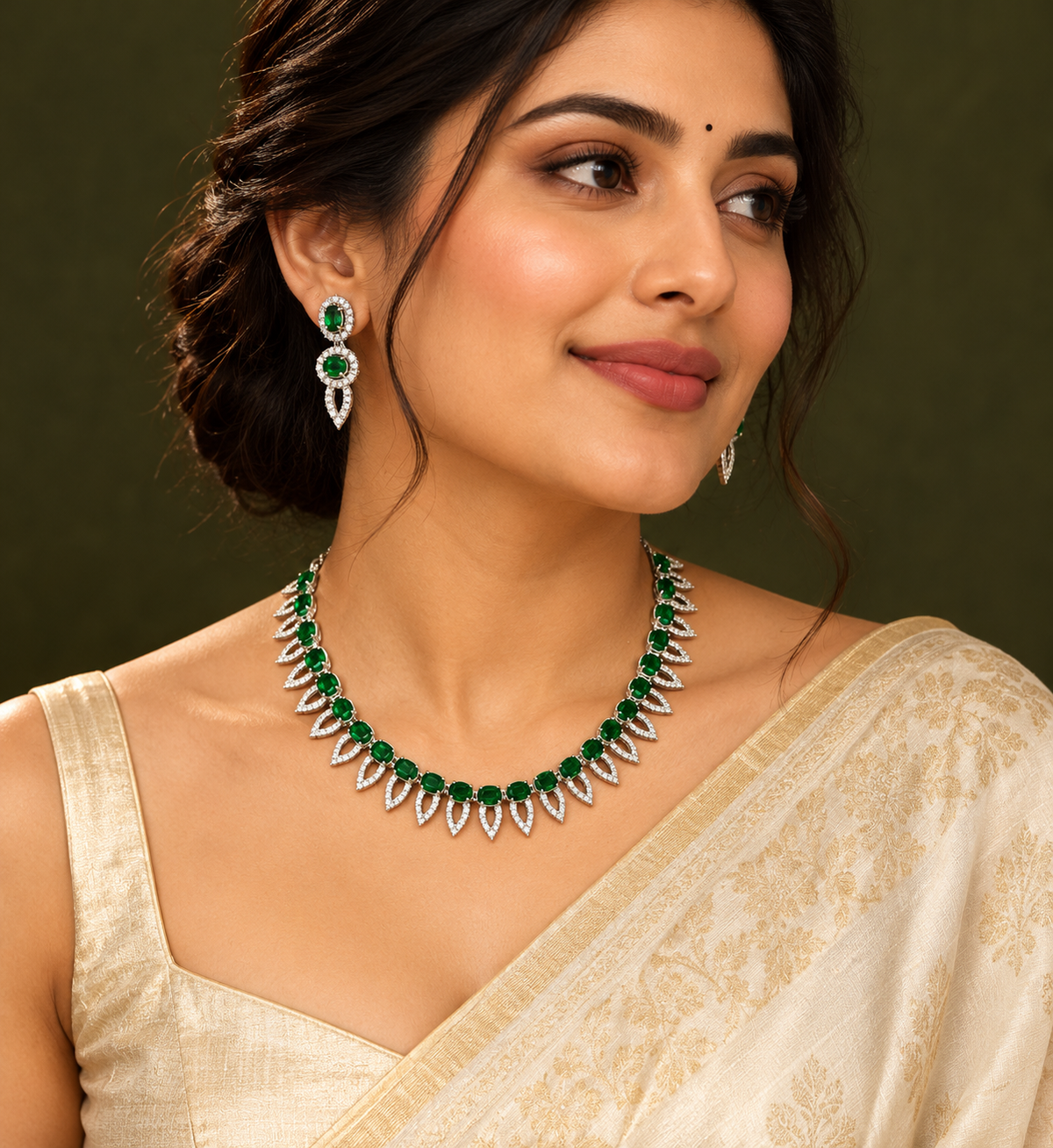 American Diamond-Style Green Marquise Fringe Necklace Set — AI-styled wearing view; illustrative scale, compare original photograph