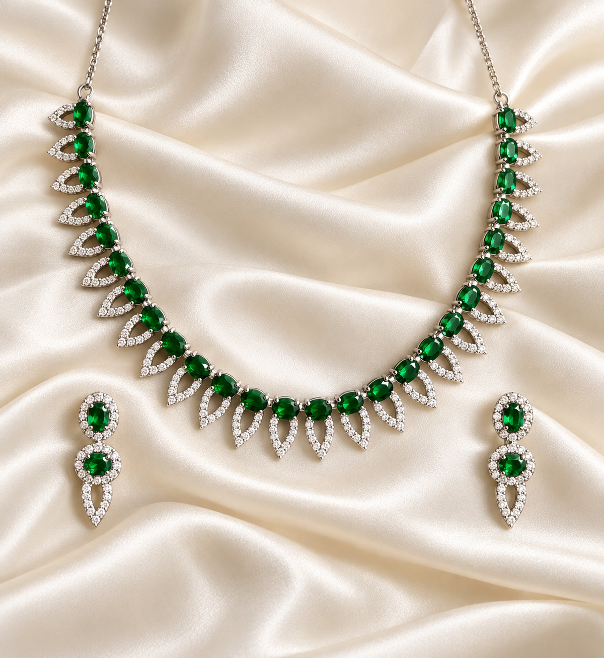 American Diamond-Style Green Marquise Fringe Necklace Set — AI-styled studio view; illustrative scale, compare original photograph