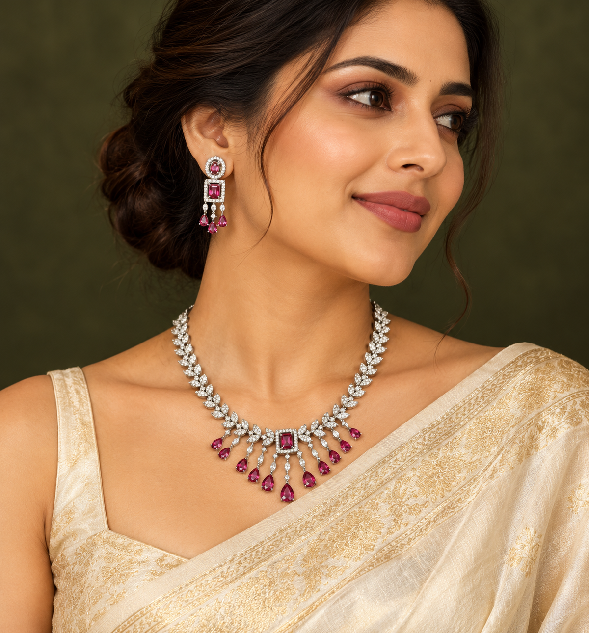 American Diamond-Style Pink Baguette Fan Necklace Set — AI-styled wearing view; illustrative scale, compare original photograph