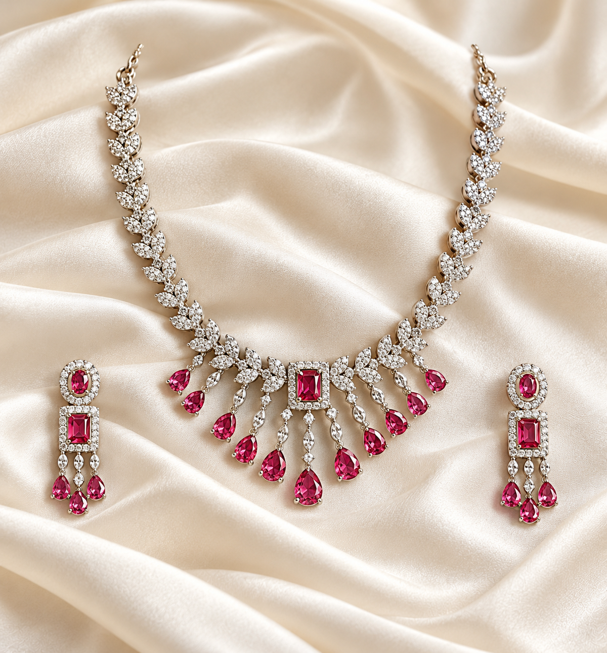 American Diamond-Style Pink Baguette Fan Necklace Set — AI-styled studio view; illustrative scale, compare original photograph